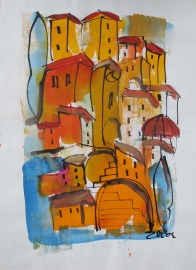 Urlaubsbild Italien Toscana expressive Zeichnung Unikat 70x50 Aquarell Zeichnung Gouache Tusche