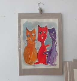 drei Katzen, xlZeichnung Unikat 40x30cm Feder-Zeichnung Aquarell Tusche