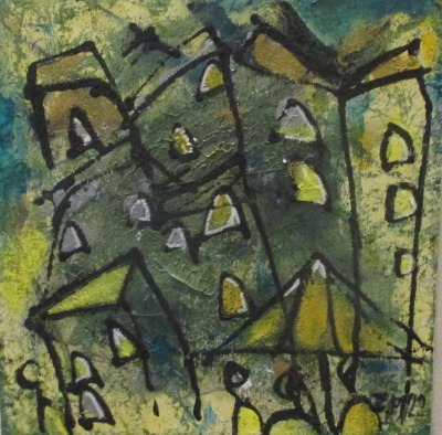 Toscana, Original, Malerei, Acryl,blau, grüne Stadt, Leinwand Zeichnung, moderne Kunst, Italien,