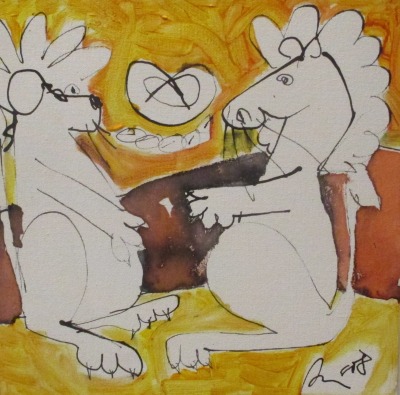 Löwe und Pferd in Original-Malerei auf 30x30 cm Leinwand, Acryltusche