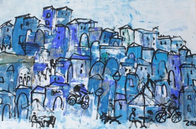 blue city Painting, 112x165 cm Art, abstract Canvas, Original by Sonja Zeltner-Müller