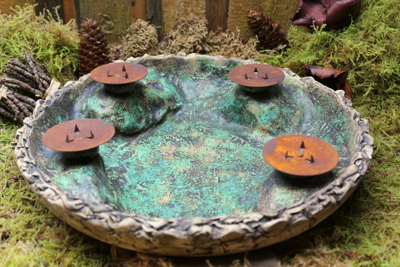 Große Kerzenschale rund grün, Ganzjahres-Dekoschale, Adventsschale Keramik Unikat 3