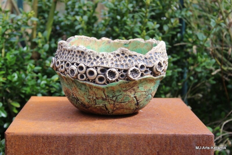 Übertopf Blumentopf 16 cm Dekoschale Keramikobjekt maritim Korallen - Unikat