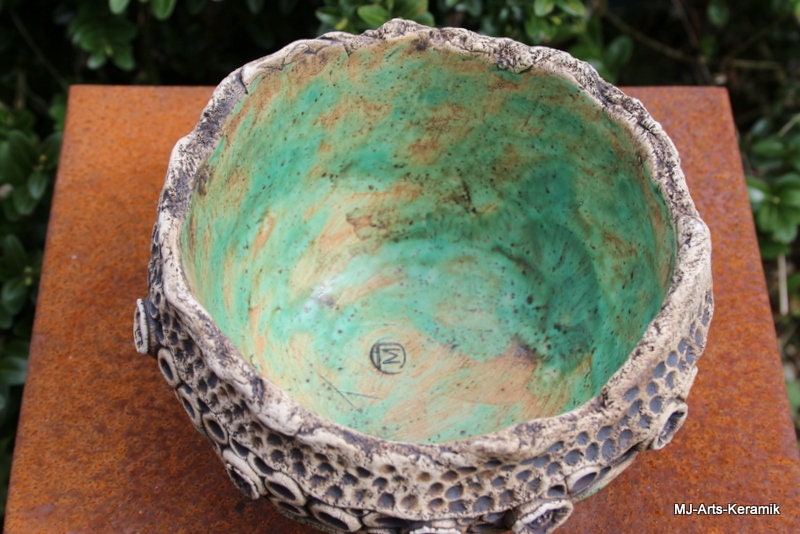 Übertopf Blumentopf 16 cm Dekoschale Keramikobjekt maritim Korallen - Unikat 7
