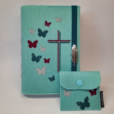 Einband für Gotteslob, Gesangbuch oder Bibel und Rosenkranztäschchen - Motiv Schmetterlinge mit