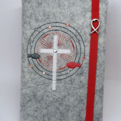Einband für Gotteslob, Gesangbuch oder Bibel und Rosenkranztäschchen - Motiv Strahlenkreuz mit