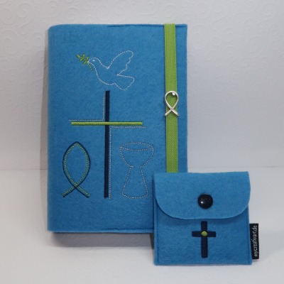 Einband für Gotteslob, Gesangbuch oder Bibel und Rosenkranztäschchen - Motiv Kreuz Fisch Taube