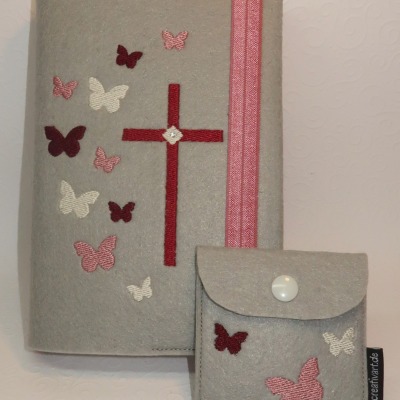Einband für Gotteslob, Gesangbuch oder Bibel und Rosenkranztäschchen - Motiv Schmetterlinge mit