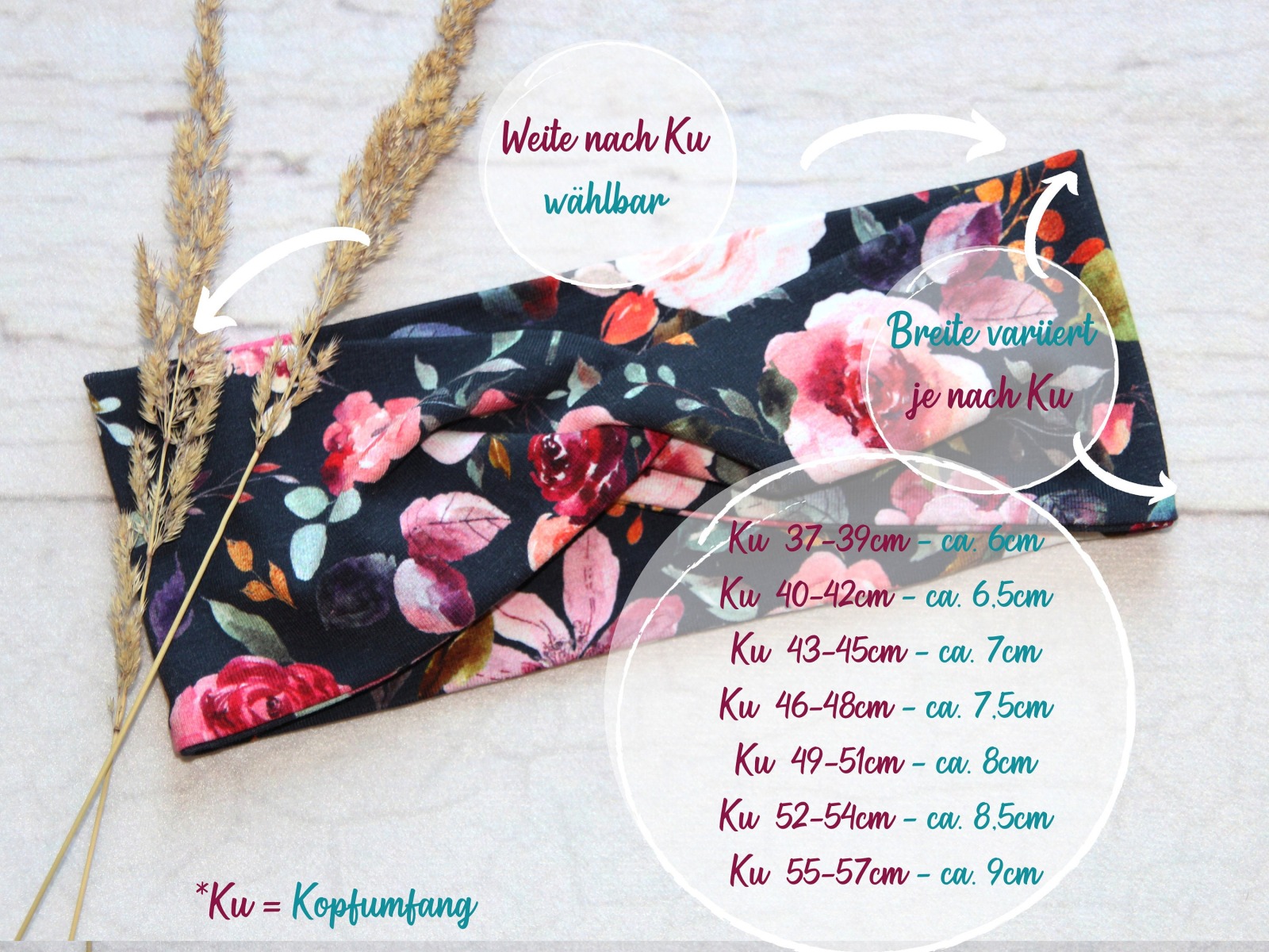 Bandeau Haarband aquarell Blumen, Ku 43-45 und Ku 46-48cm 4