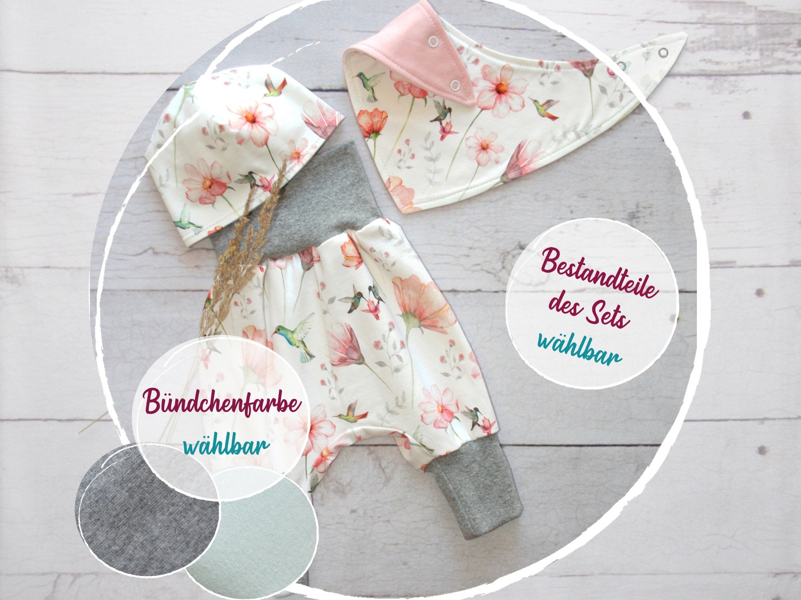 Babyset: Pumphose Mütze Halstuch Kolibris