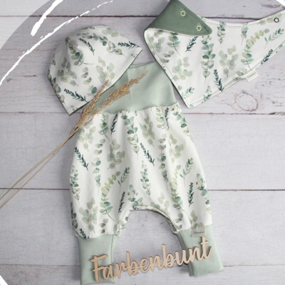 Babyset: Pumphose Mütze Halstuch Eukalyptus - Erstlingsset Mädchen | Neugeborenen Set Junge |