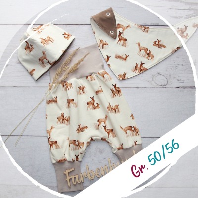 Babyset: Pumphose Mütze Halstuch Rehe Aquarell - Erstlingsset für Herbst Babys | Neugeborenen Set