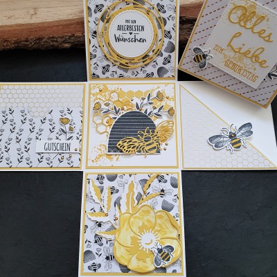 Explosionsbox zum Geburtstag Bienen - Geburtstagskarte, Gutscheinverpackung, Aufklappkarte zum Gebur