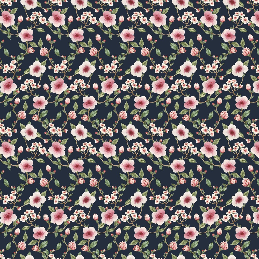 0,5m Sweat French Terry GOTS Digitaldruck Kirschblüte, navy rosa grün