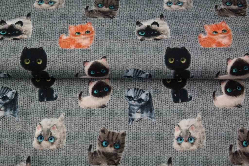 0.5m Sweat French Terry Digitaldruck Katzen auf Strick Strickoptik, grau schwarz