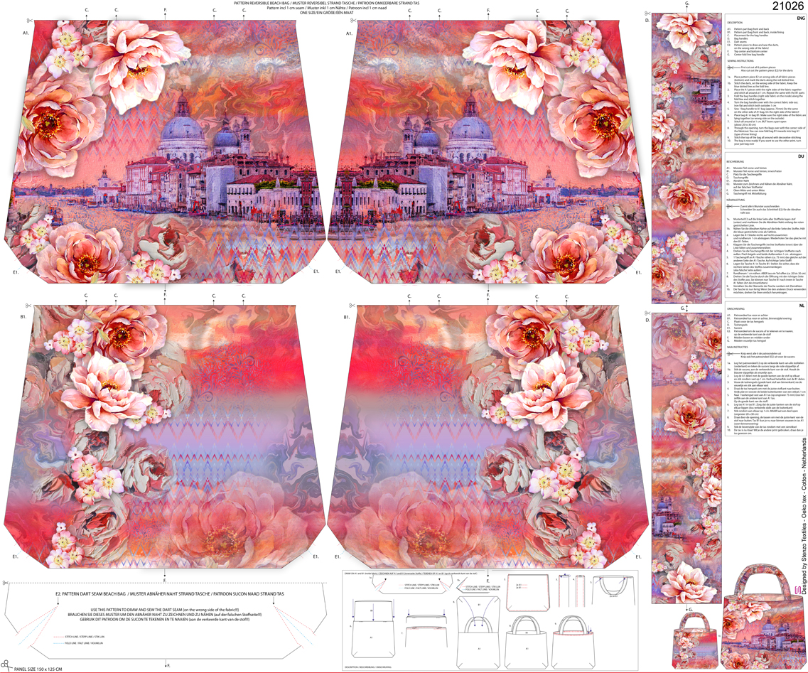 1 Panel Canvas für Tasche, Rom , Wendetasche, flieder orange rosa
