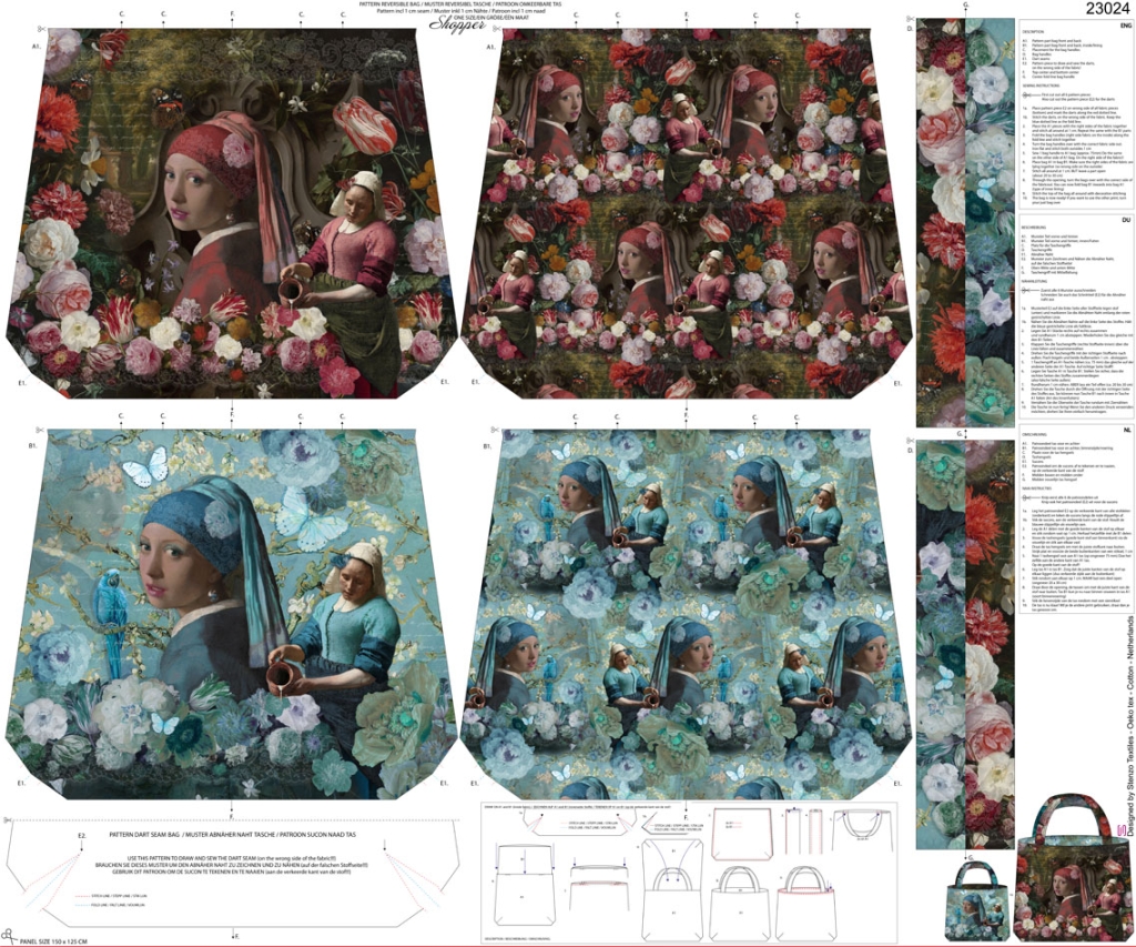 1 Panel Canvas für Tasche, Mädchen mit dem Perlenohring, Wendetasche, bunt 2