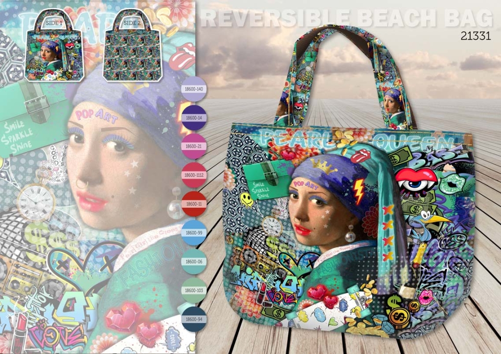 1 Panel Canvas für Tasche, Pop Art Comicstyle Mädchen mit Kopftuch, Wendetasche, bunt