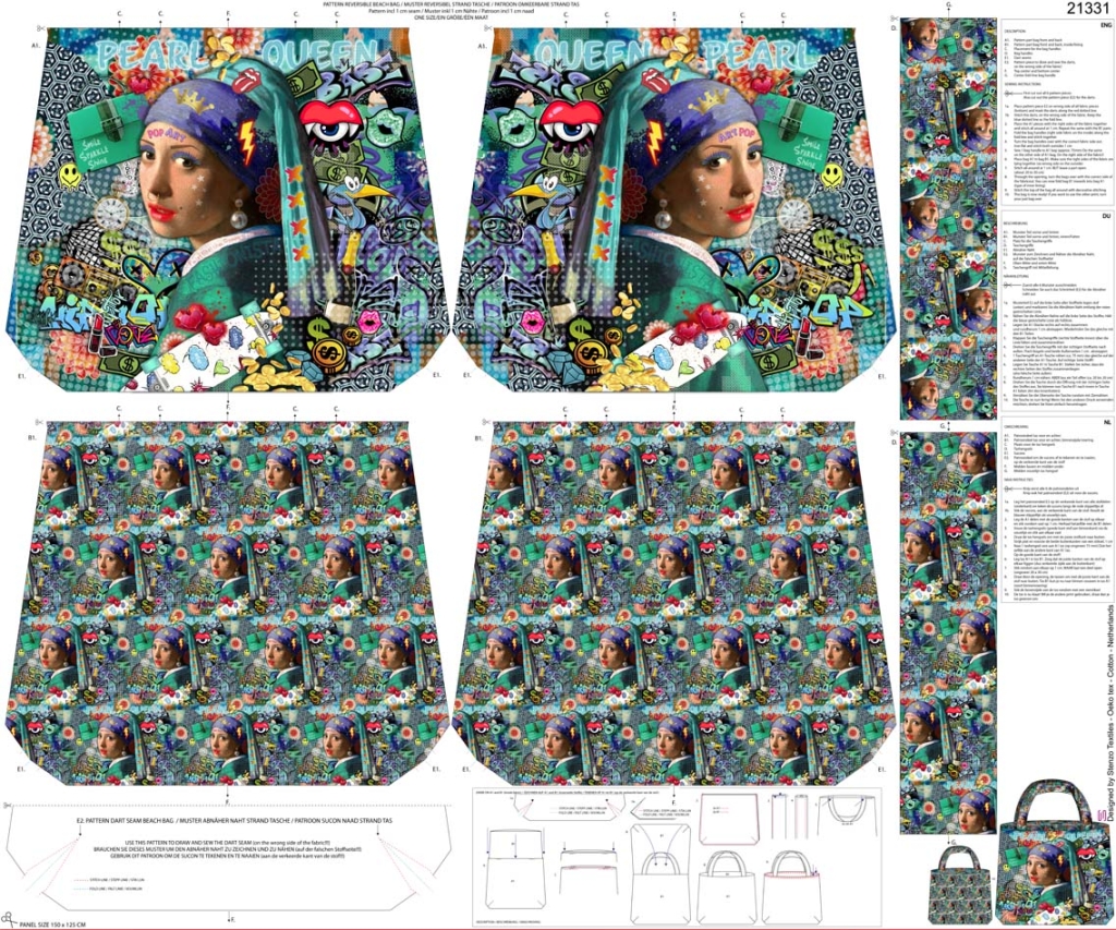 1 Panel Canvas für Tasche, Pop Art Comicstyle Mädchen mit Kopftuch, Wendetasche, bunt 2
