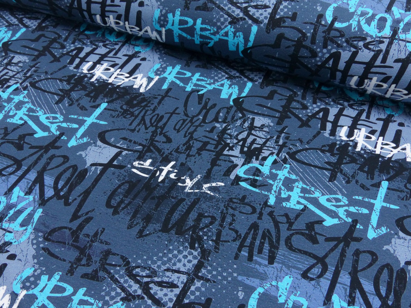 0.5m French Terry Graffiti Schrift, blau Türkis