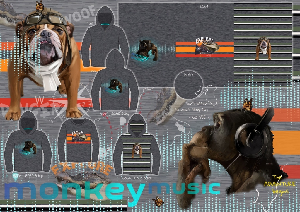1 Panel Sweat Monkey Music Affe Dogge Aligator grau schwarz