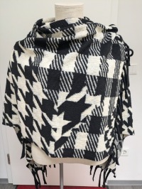 Fringed Cape Poncho Hahnentritt, schwarz ecru