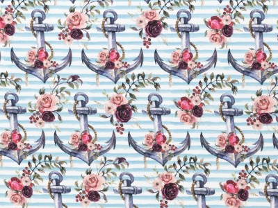 0,5m Jersey Jesse Anker mit Blumen Streifen, weiß hellblau rosa bunt