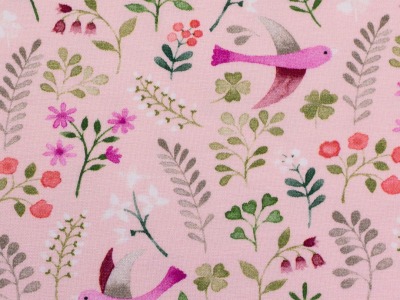 05m Jersey Little Spring Vögel Blätter rosa pink - Frühjahr/Sommer 2021 Kollektion weiter Stoffe im Shop