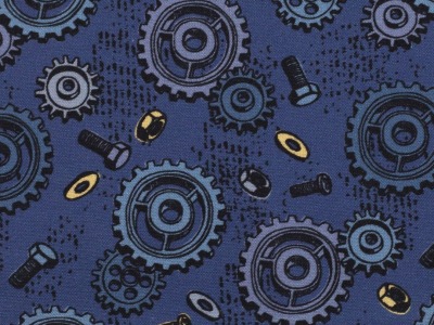 05m Baumwolle Happy Metall by Steinbeck Zahnräder jeansblau schwarz - weitere Stoffe der Serie