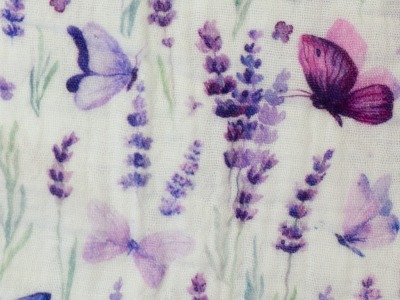 0,5m Musselin Thea Baumwolle Lavendel Schmetterlinge, weiß flieder Lila