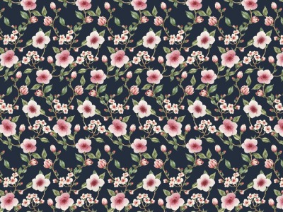 0,5m Sweat French Terry GOTS Digitaldruck Kirschblüte, navy rosa grün - weitere Farben