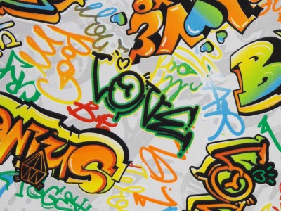 0,5m Canvas Amar Dekostoff Graffiti, weiß bunt