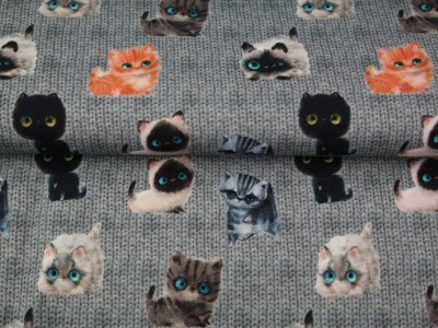 0.5m Sweat French Terry Digitaldruck Katzen auf Strick Strickoptik, grau schwarz