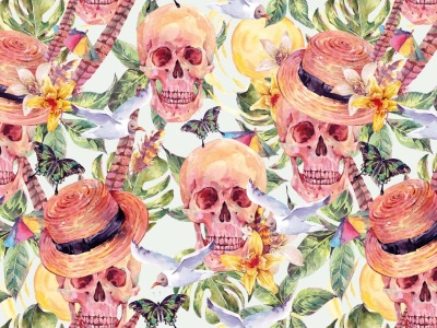 0,5m Jersey Digitaldruck Skulls Totenköpfe Blüten , ecru bunt