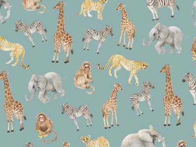 0,5m Jersey Digitaldruck Tiere Giraffe Elefant Zebra Affe, Fade denim bunt