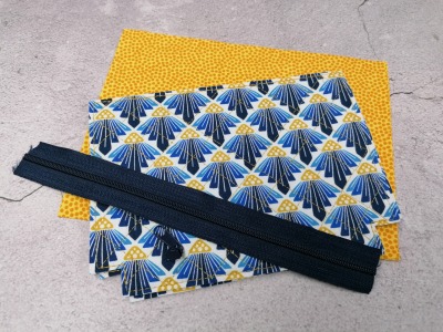 1 DIY Näh Set für eine Kosmetiktasche Materialpaket Cotton & Steel blau gelb