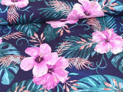 0,5m Jersey Glitzerpüppi Hibiscusblüten Hawai, navy bunt - auch in weiß erhältlich