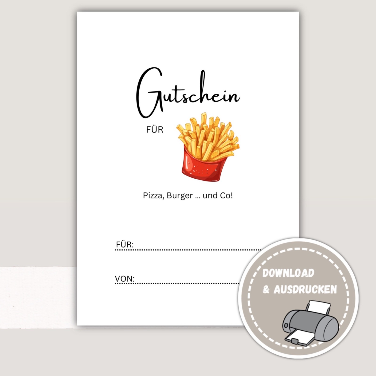 Gutschein zum Ausdrucken,Pizza, Pommes essen... gehen Gutschein - Last Minute Geschenk,