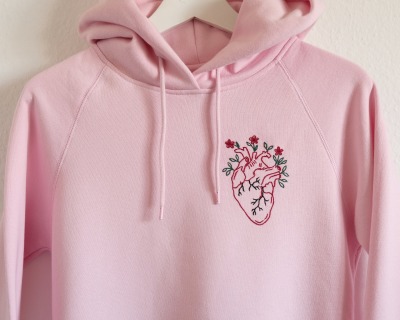 Hand embroidered anatomical heart pink hoodie - size S