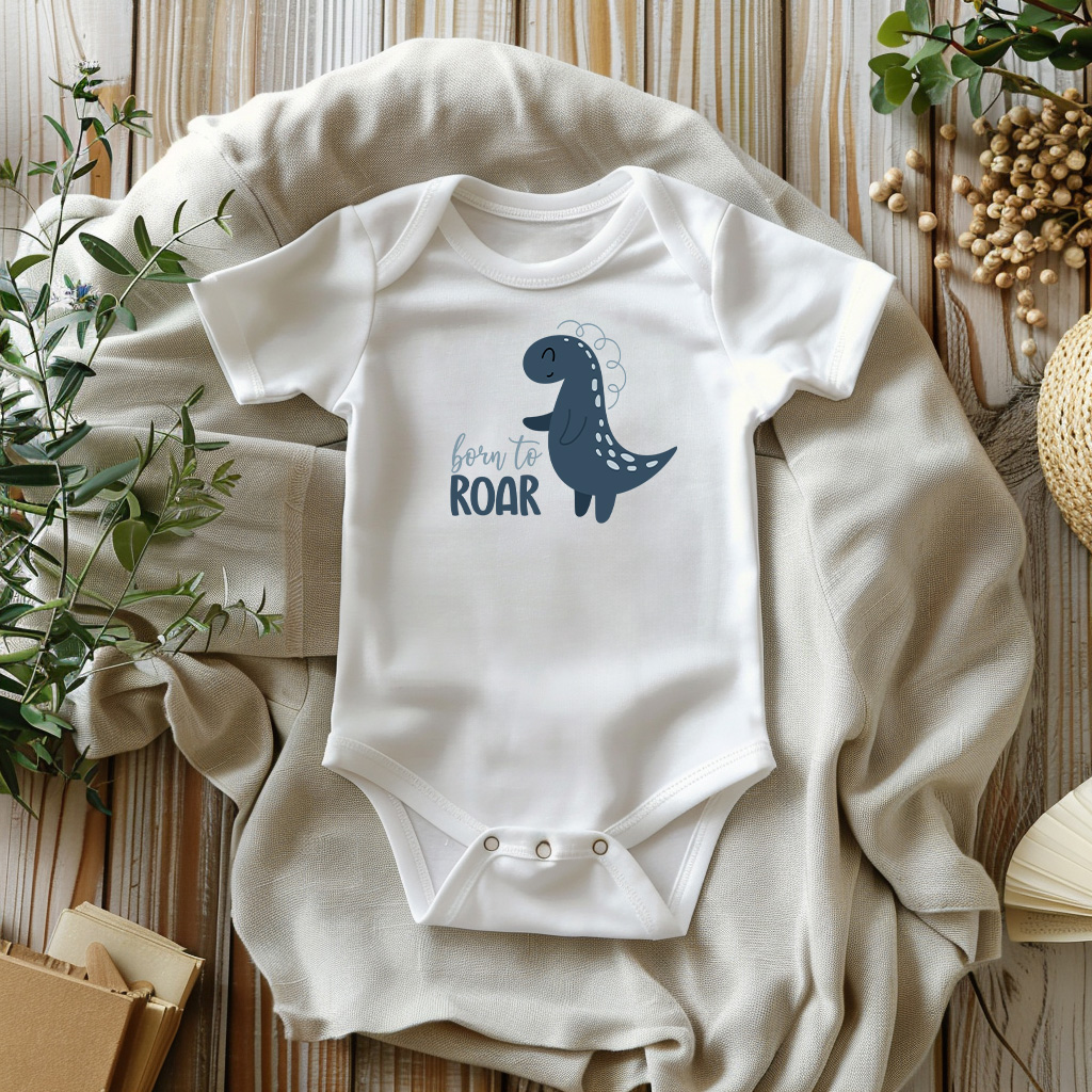 Babybody Neugeborenenbody mit Dino Motiv, born to Roar, Geschenk zur Geburt Taufe, Handarbeit