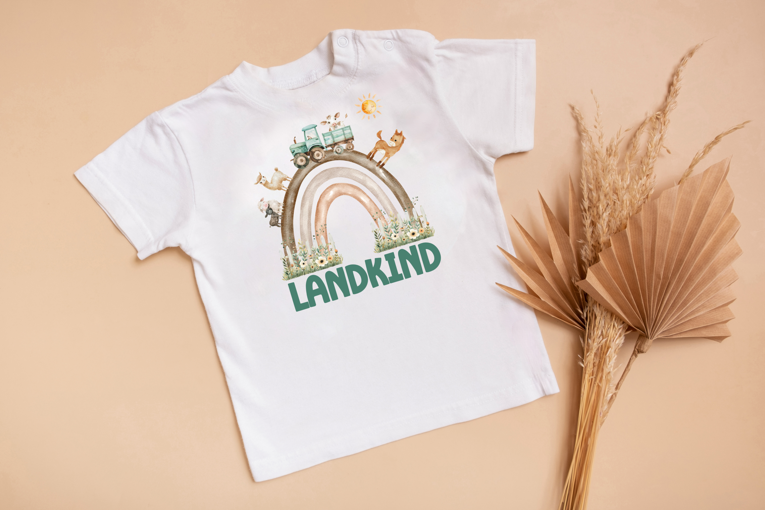 Babybody Landkind Personalisiert, Geschenk zur Geburt Taufe, Neugeborenenbody mit Regenbogen Bauernhof