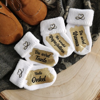 Schwangerschaft verkünden DELUXE , Babysocke weiß gold silber, Personalisiert du wirst Oma Opa