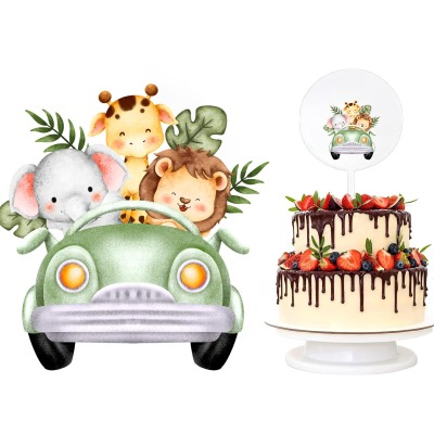 Cake Topper Safari Löwe Giraffe Elefant Personalisiert aus rundem Acrylglas Geburtstag Happy