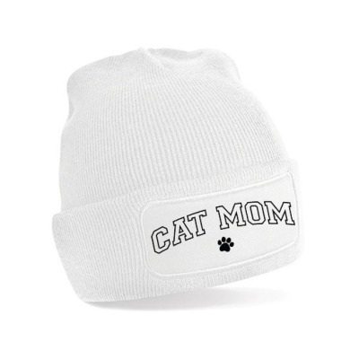 Patch Beanie Damen Mütze , Wintermütze, Mütze mit Spruch CATMOM, personalisiert,