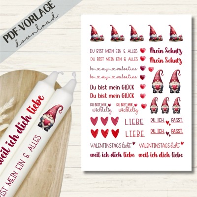 Kerzensticker PDF Datei A4 Valentine Gnome - Download | Valentinstag Wichtel Liebe
