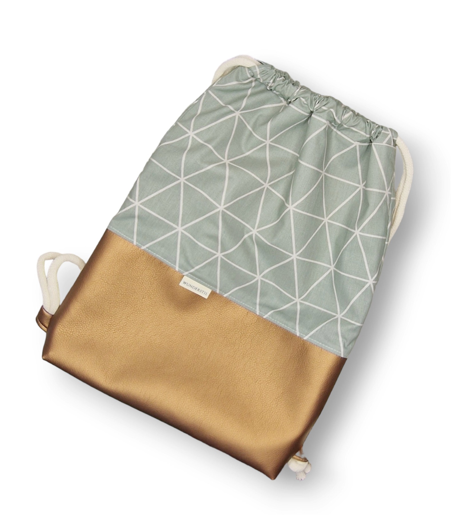 Turnbeutel Rucksack Tasche Gym Bag Stoff Dreiecke grafisch grün Kunstleder Kupfer in 2 Größen