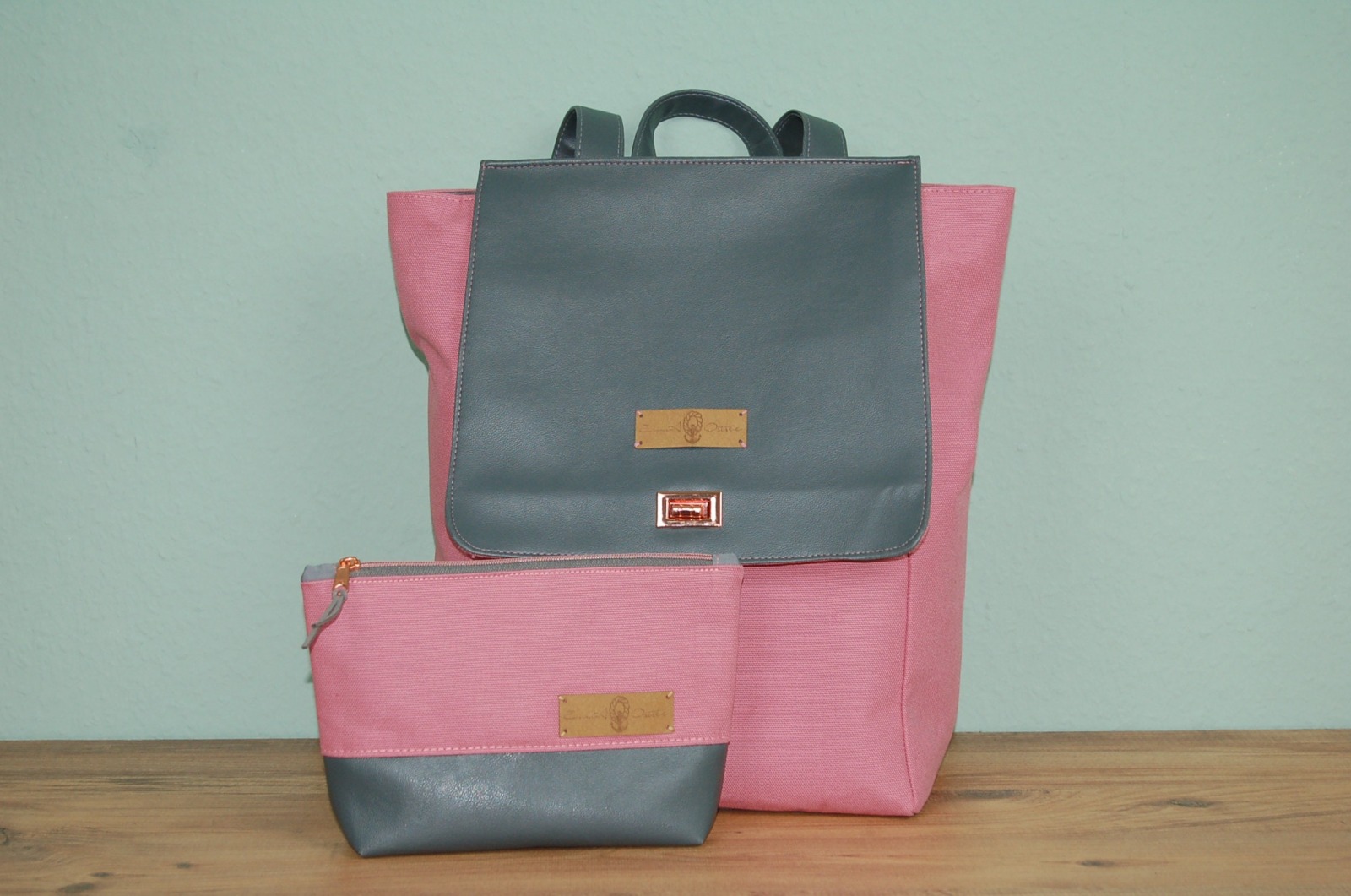 Kosmetiktasche Kunstleder // Schminktasche Damen Canvas // grau und pink colorblocking // Necessaire