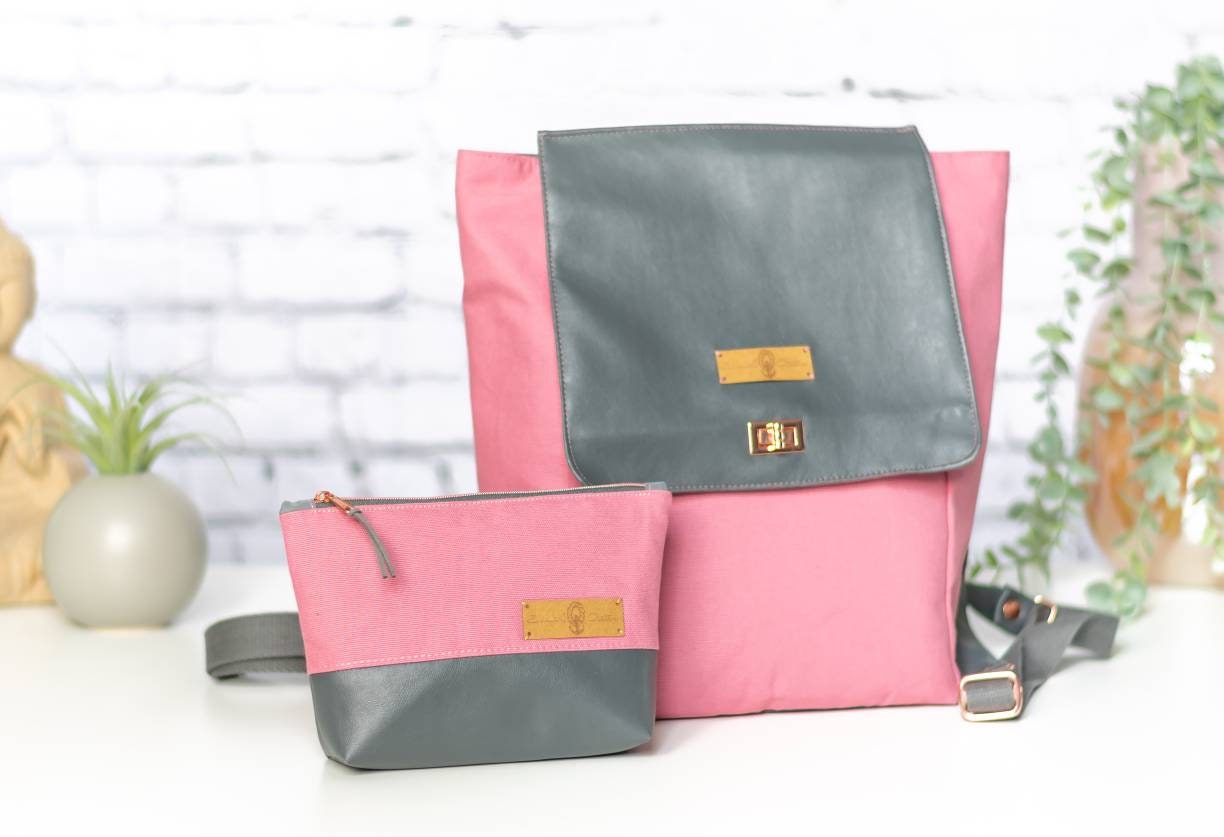 Kosmetiktasche Kunstleder // Schminktasche Damen Canvas // grau und pink colorblocking // Necessaire