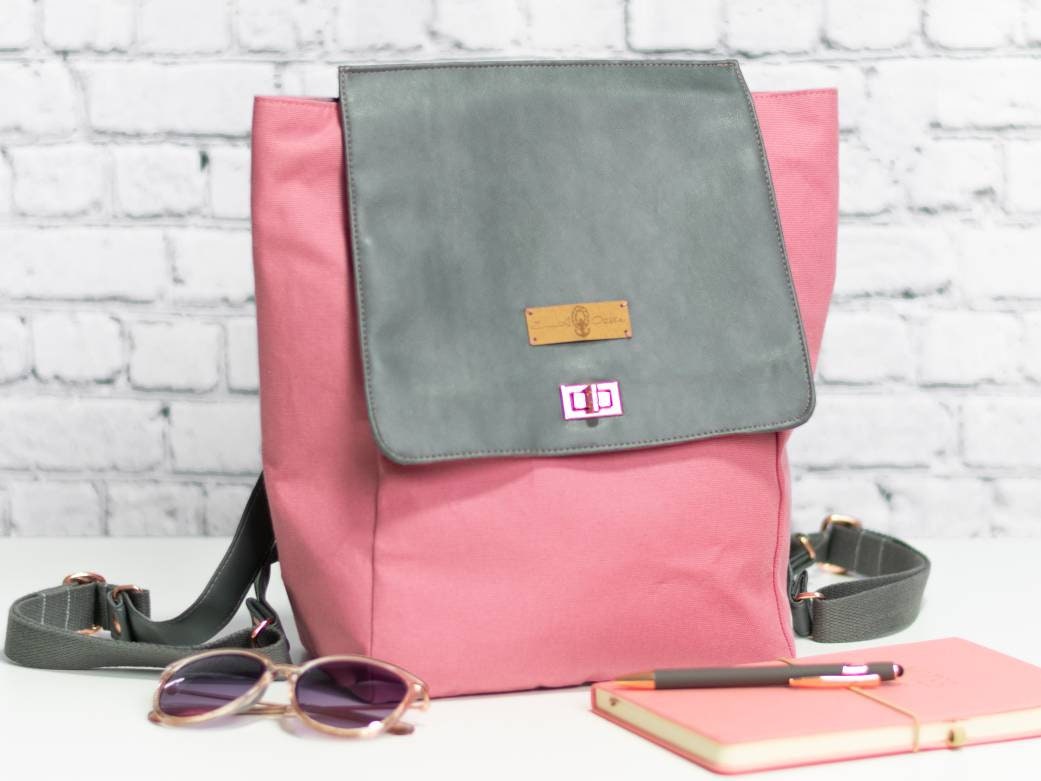 Rucksack Damen // Rucksack Tasche, Kunstleder grau, Canvas pink