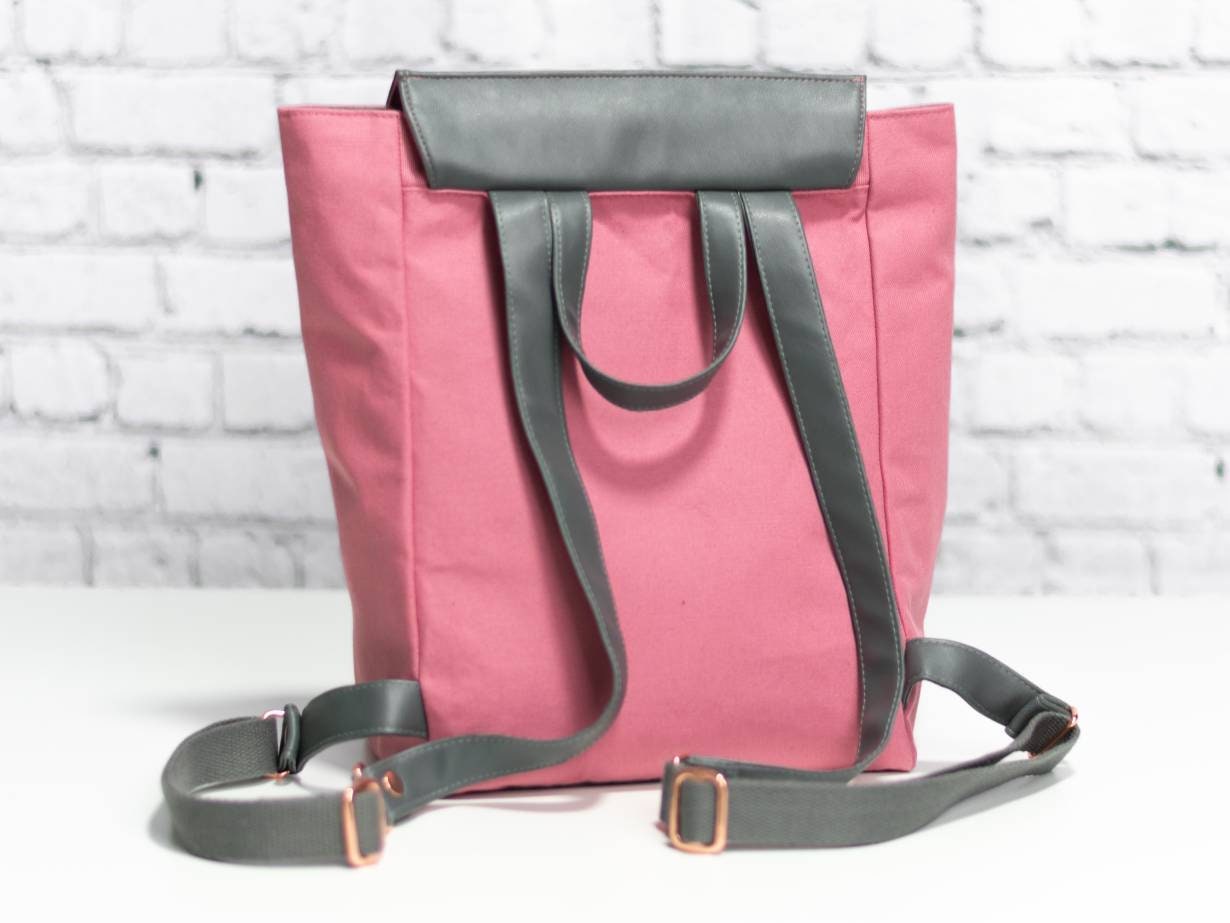 Rucksack Damen // Rucksack Tasche, Kunstleder grau, Canvas pink 2